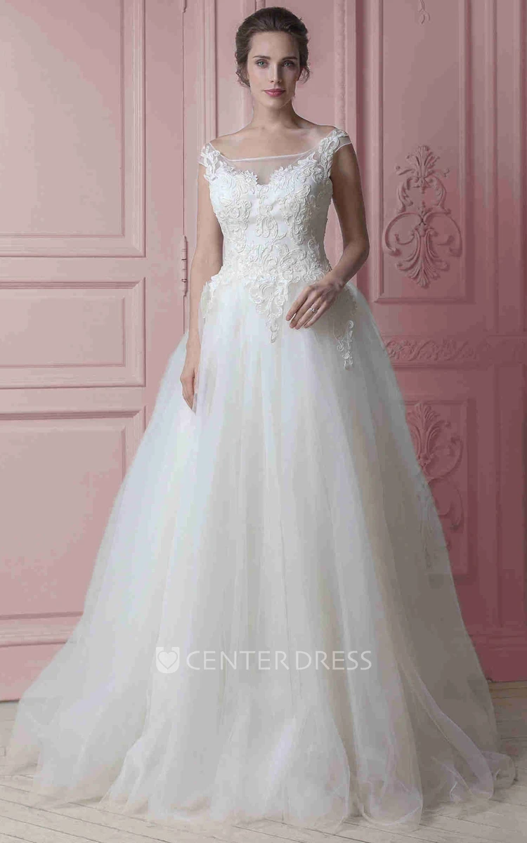 A-Line Cap-Sleeve Appliqued Floor-Length Bateau-Neck Tulle Wedding Dress With Ruffles