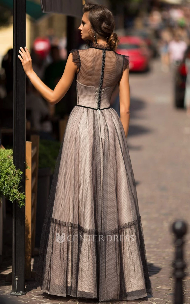 Modern A Line High Neck Tulle Floor-length Button Formal Dress with Bow