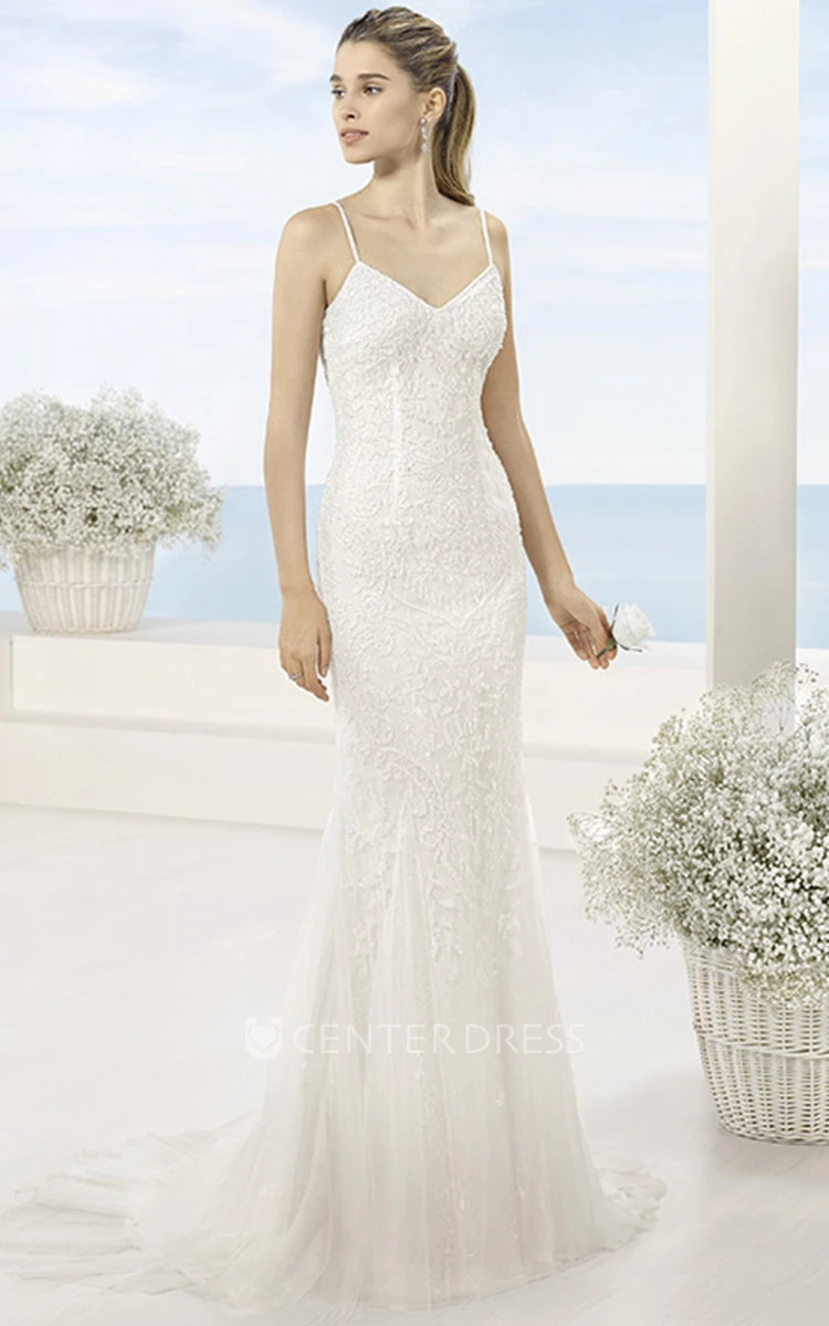 Sheath Long Spaghetti Sleeveless Lace&Tulle Wedding Dress With Brush Train And Low-V Back