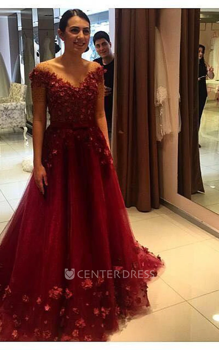 Glamorous Off-the-Shoulder Burgundy A-Line Prom Dresses Tulle Appliques