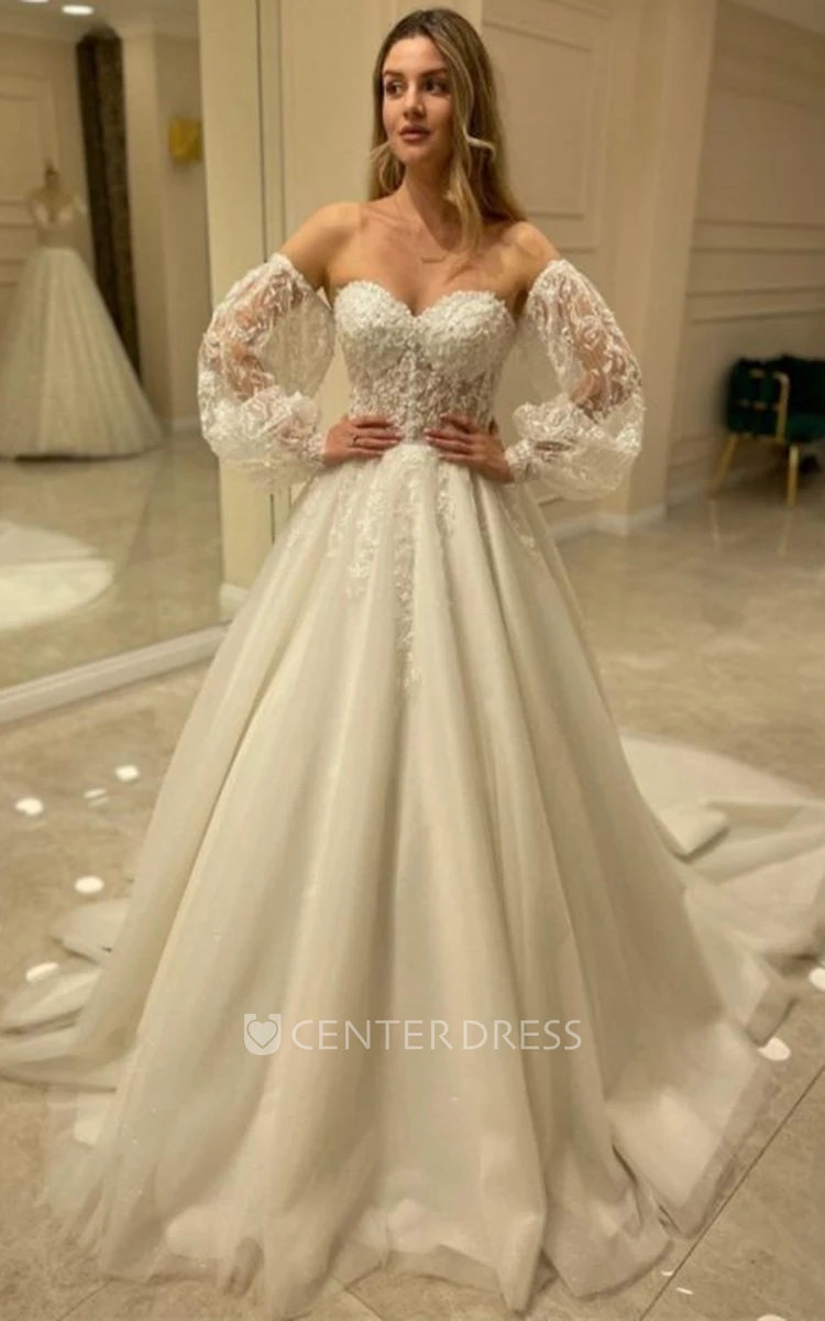 Sexy Off-the-shoulder A Line Tulle Wedding Dress with Ruching and Appliques