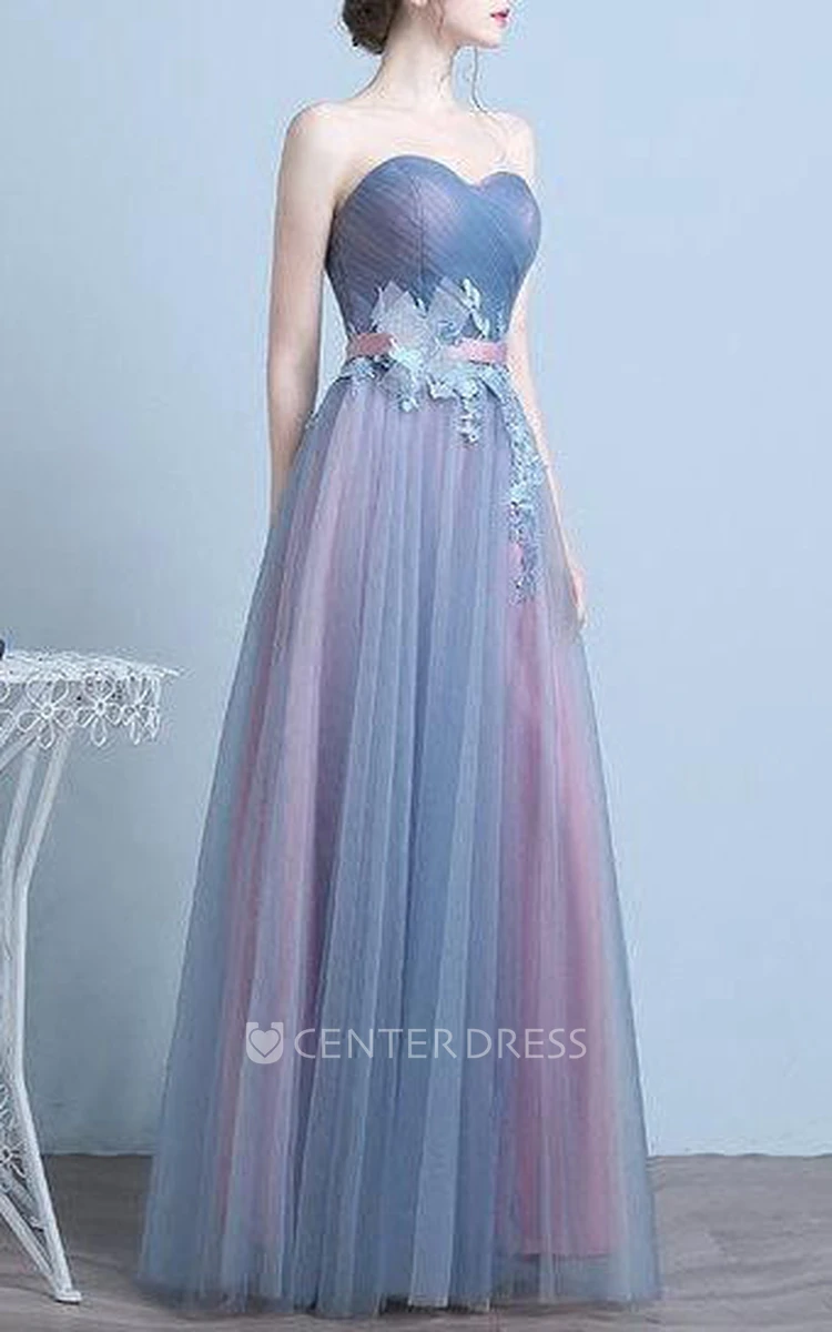 Blue Vintage Tulle Lace-up Dress with Flower