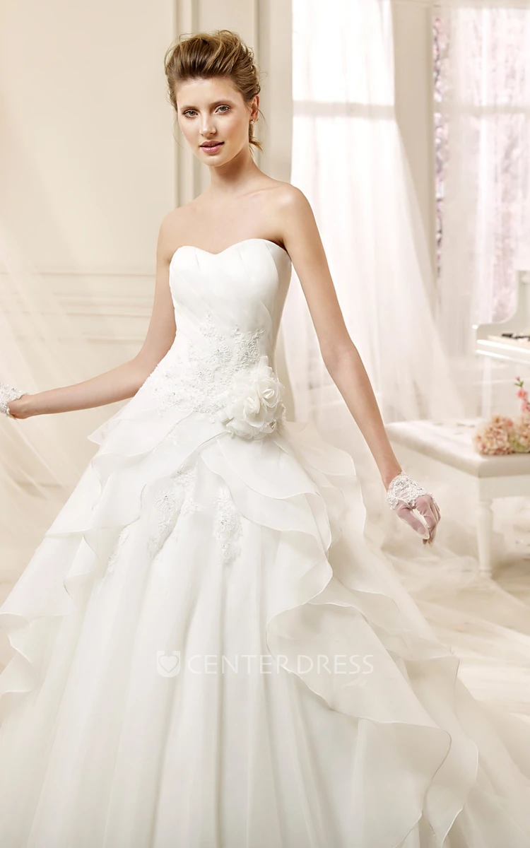Strapless A-line Wedding Dress with Flowers and Ruffles 