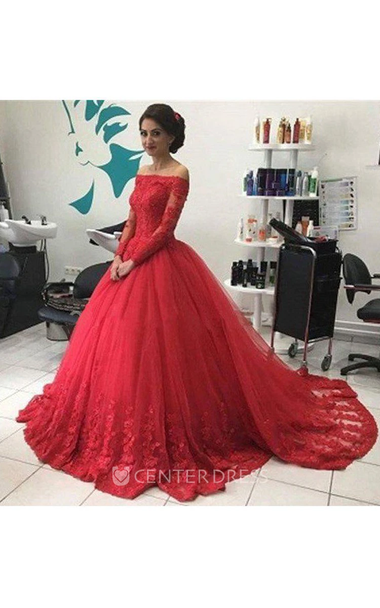 Illusion Long Sleeve Sweep Brush Train Ball Gown Off-the-shoulder Lace Tulle Dress