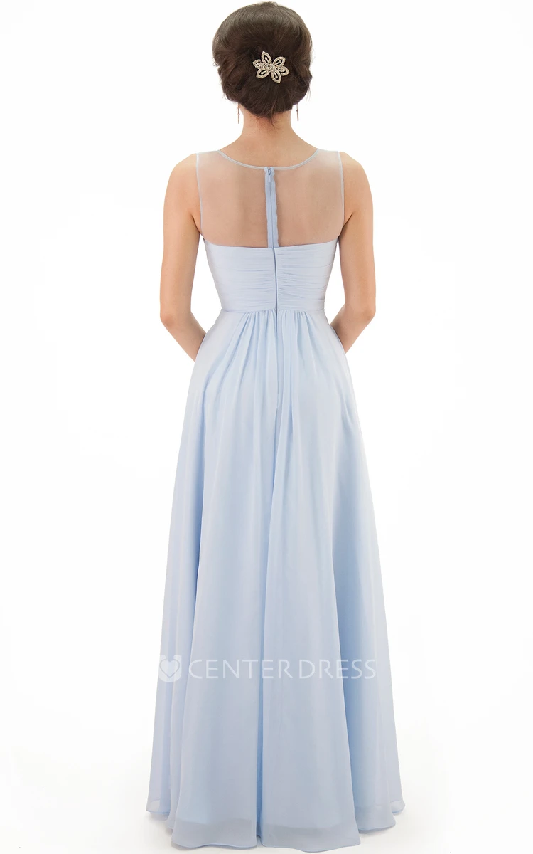 Scoop Long Ruched Chiffon Bridesmaid Dress With Illusion