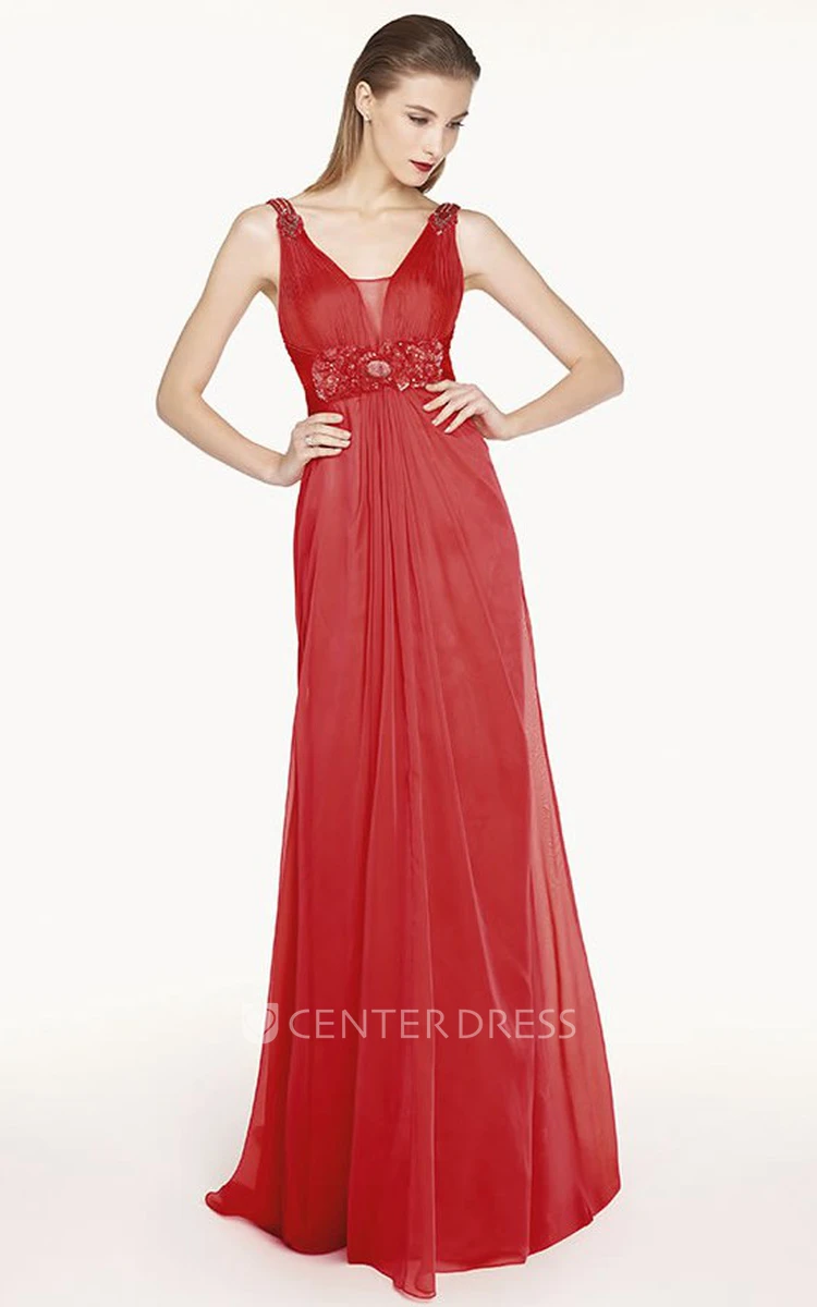 Empire Floral Waist A-Line Chiffon Long Prom Dress With V Back