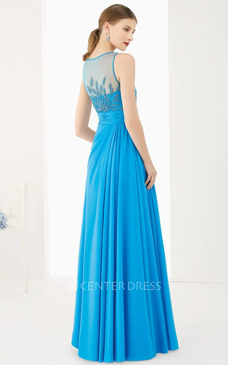 Jewel Neck A-Line Pleated Chiffon Long Prom Dress With Appliques And Bandage