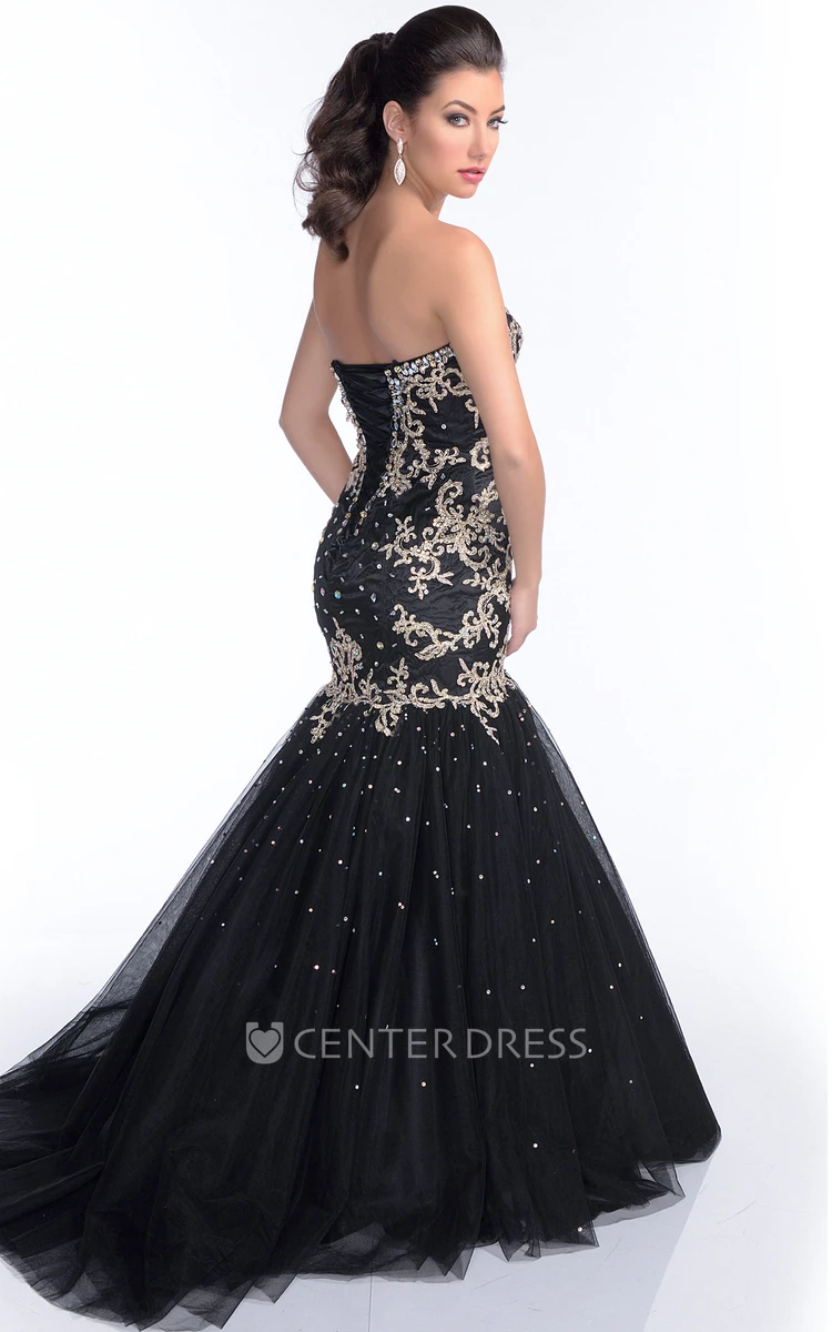 Tulle Mermaid Sweetheart Sleeveless Prom Dress Featuring Rhinestones Appliques And Trim
