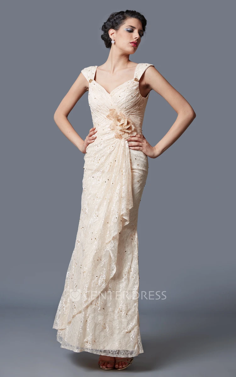 Queen Anne Cap Sleeve Draped Form-fitted Lace Bridesmaid Gown With Flowers
