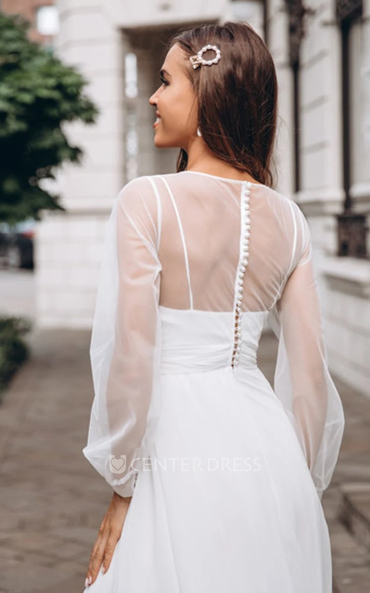 Chiffon Bateau A Line Long Sleeve Floor-length Button Wedding Dress