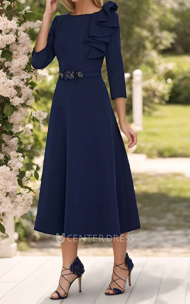 Modest A-Line 3/4 Length Sleeve Wedding Guest Gown Simple Casual Dark Navy Blue Mother of the Bride Gown with Sash
