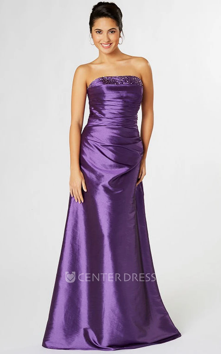 Strapless Beaded Satin Bridesmaid Dress With Ruching And Corset Back