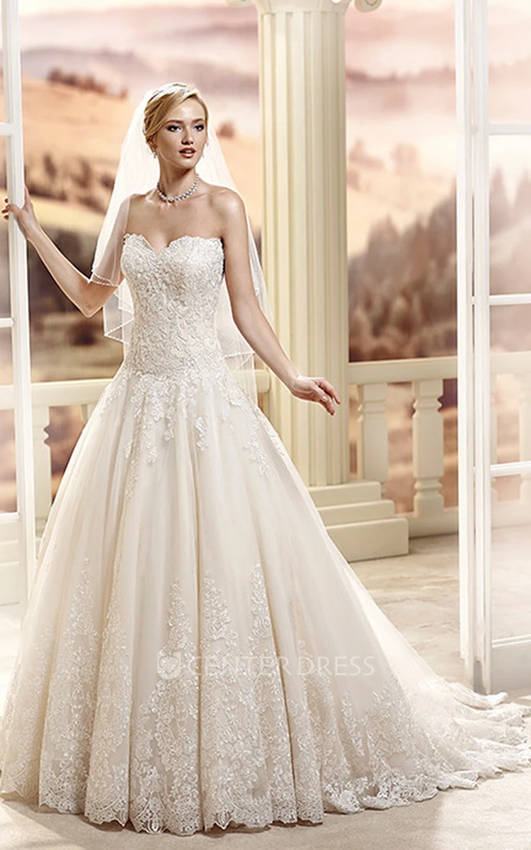 A-Line Maxi Sweetheart Lace Wedding Dress With Appliques And Court Train