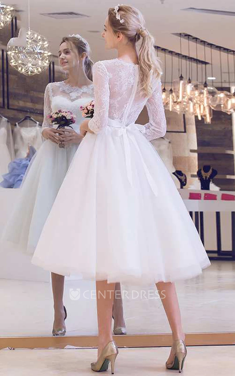 Long Sleeve Jewel Neck Pleated Tea Length Lace Dress