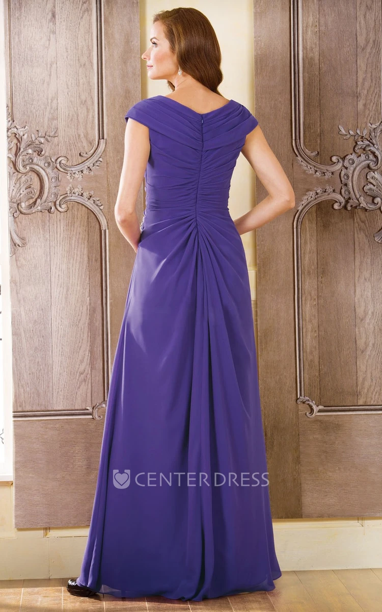 A-Line Floor-Length Cap Chiffon Broach Draping Ruching Zipper Dress