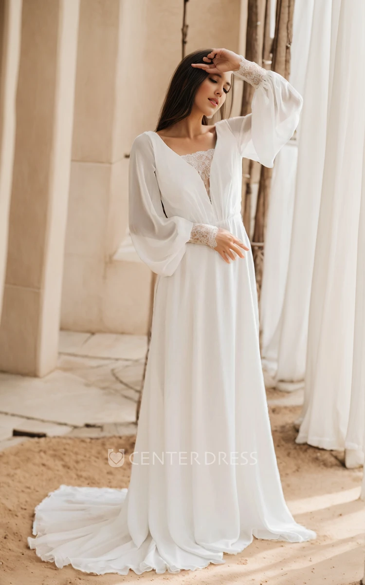 Fall Simple A-Line Long Sleeve Boho Wedding Dress Casual Modern Plunging Neckline Backless Court Train Bridal Gown