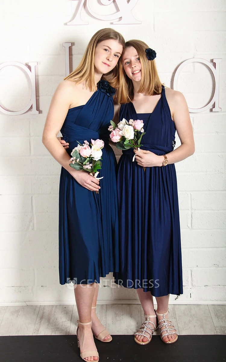 Sexy Tea-length A Line Jersey Bridesmaid Dress With Halter Neck And Straps Back 