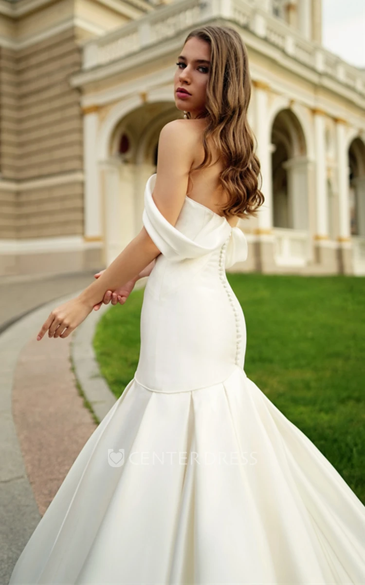 Off-the-shoulder Mermaid Satin Wedding Dress with Ruching - UCenter Dress