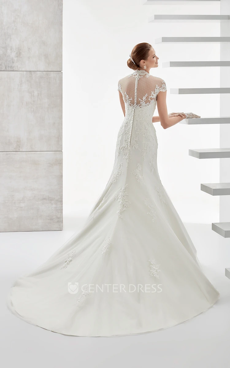 High-Neck Mermaid Long Wedding Dress With T-Shirt Sleeves And Illusive Design