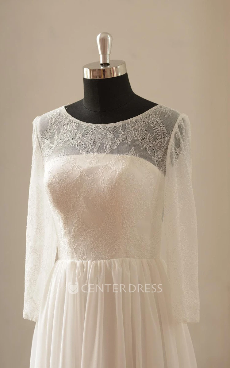 Jewel Neck Long Sleeve A-Line Chiffon Wedding Dress With Open Back