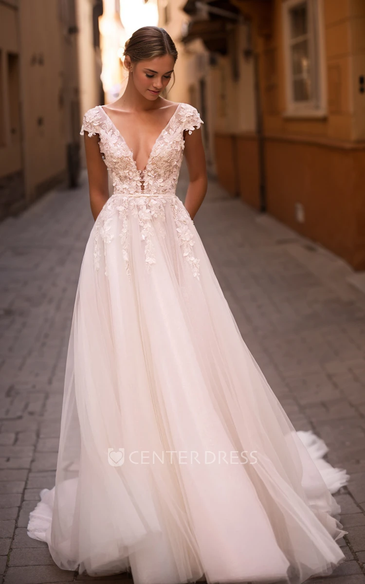 Ethereal Sexy Plunging V-Neck Floor-length Flowers Lace Tulle Wedding Dress Elegant Garden A-Line Sleeveless Open Back Appliques Beaded Bridal Gown with Sash