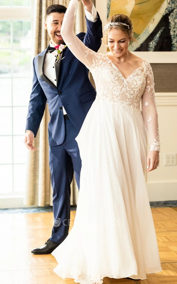 Charming A-Line V-neck Chiffon Sweep Train Long Sleeve Wedding Dress