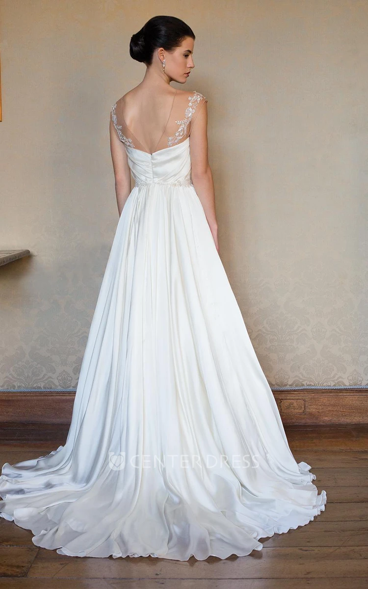 A-Line Sleeveless V-Neck Appliqued Long Stretched Satin Wedding Dress With Pleats