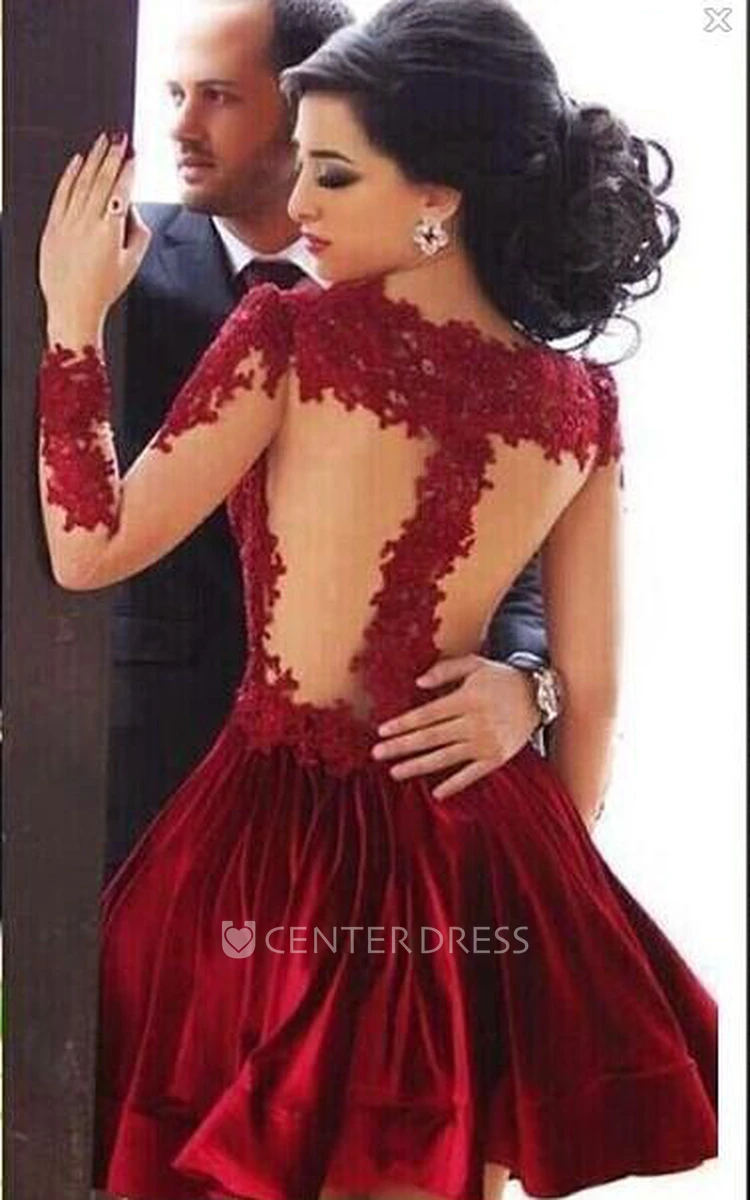 Red Lace Homecoming Dresses Jewel Neck Tiered Skirt Capped Sleeves