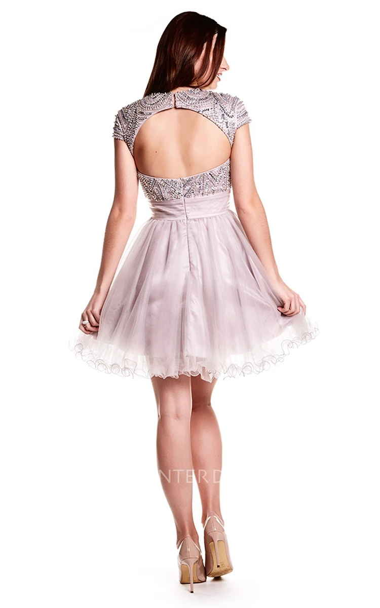 A-Line Mini Scoop Neck Sequined Cap Sleeve Tulle Prom Dress With Keyhole