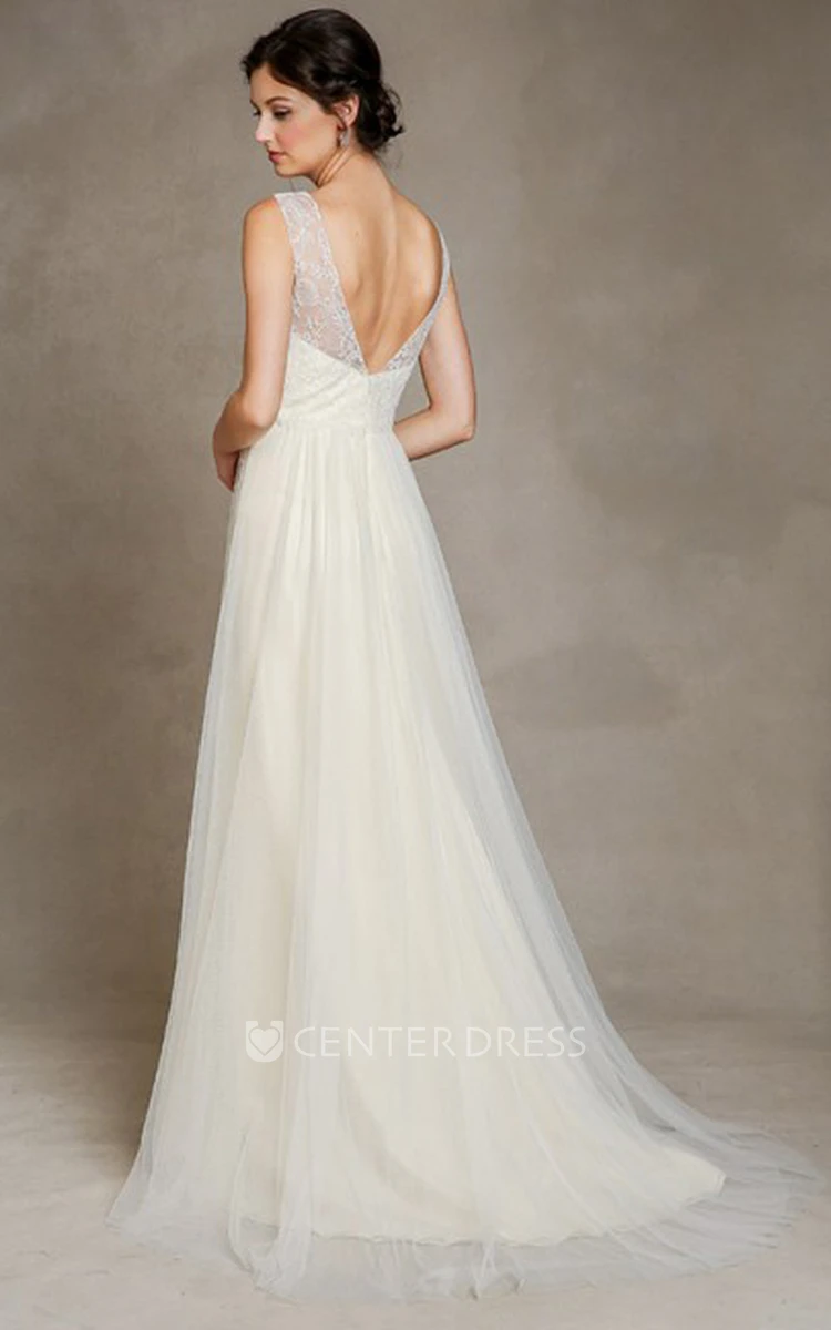 A-Line Maxi Sleeveless Scoop-Neck Embroidered Tulle Wedding Dress With Pleats