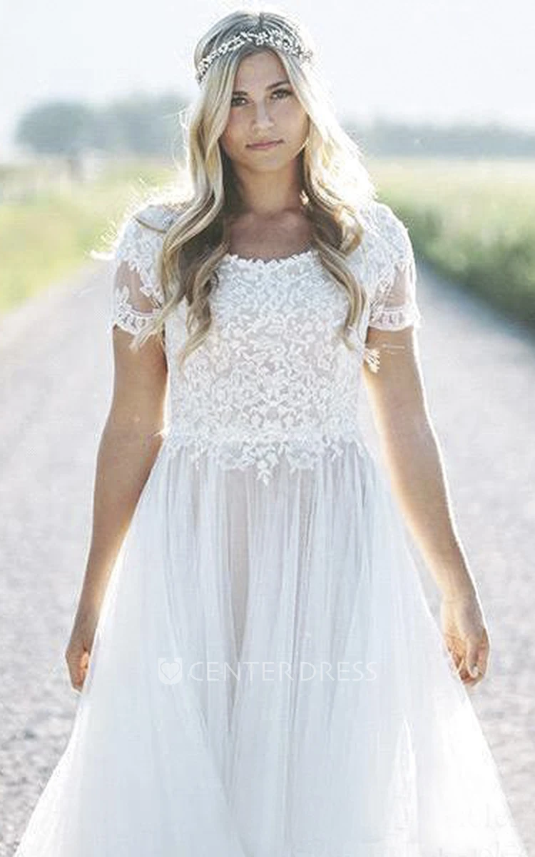 Short Sleeve A-line Bohemian Tulle Wedding Dress With Lace Appliques And Ruching