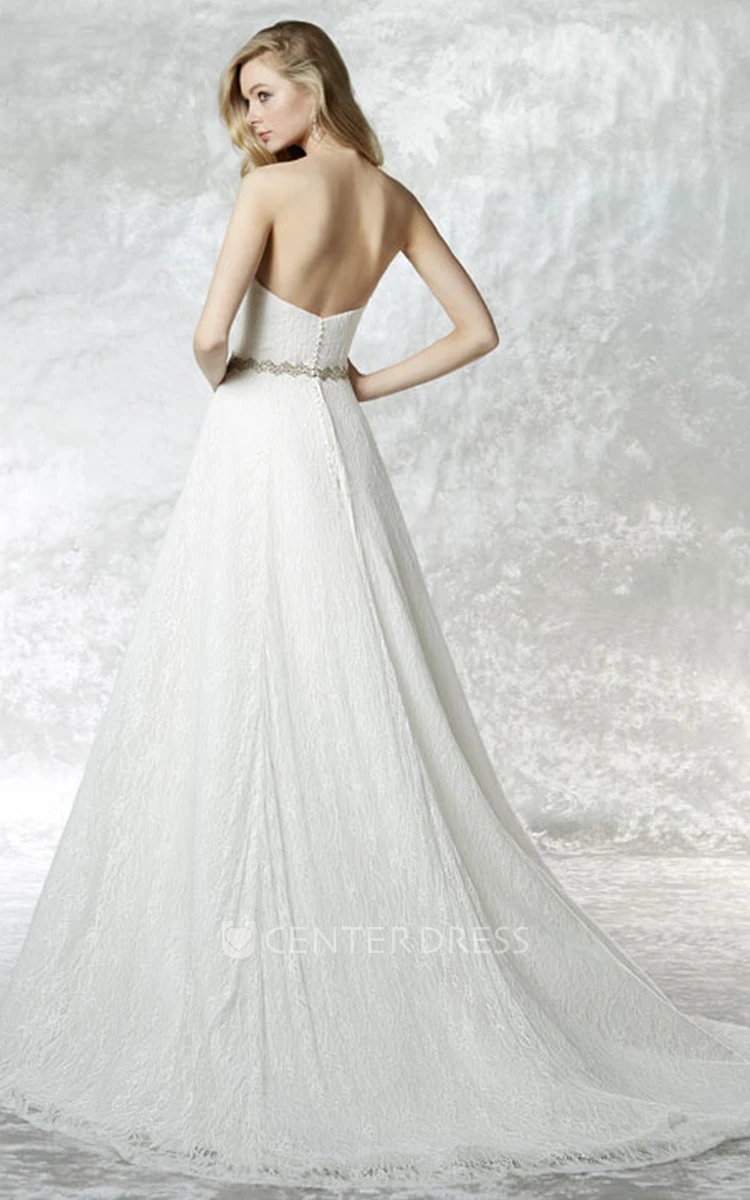 Floor-Length A-Line Jeweled Strapless Lace Wedding Dress With Brush Train