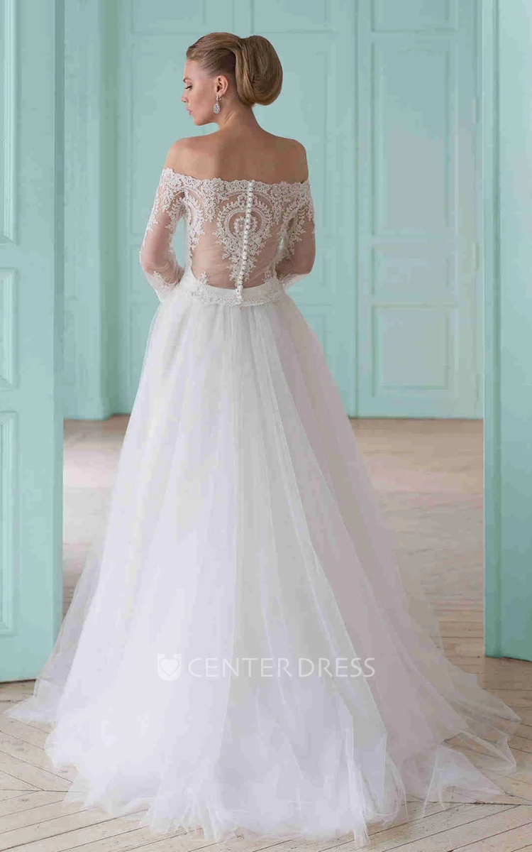 A-Line Beaded Off-The-Shoulder Long-Sleeve Tulle Wedding Dress With Lace And Illusion