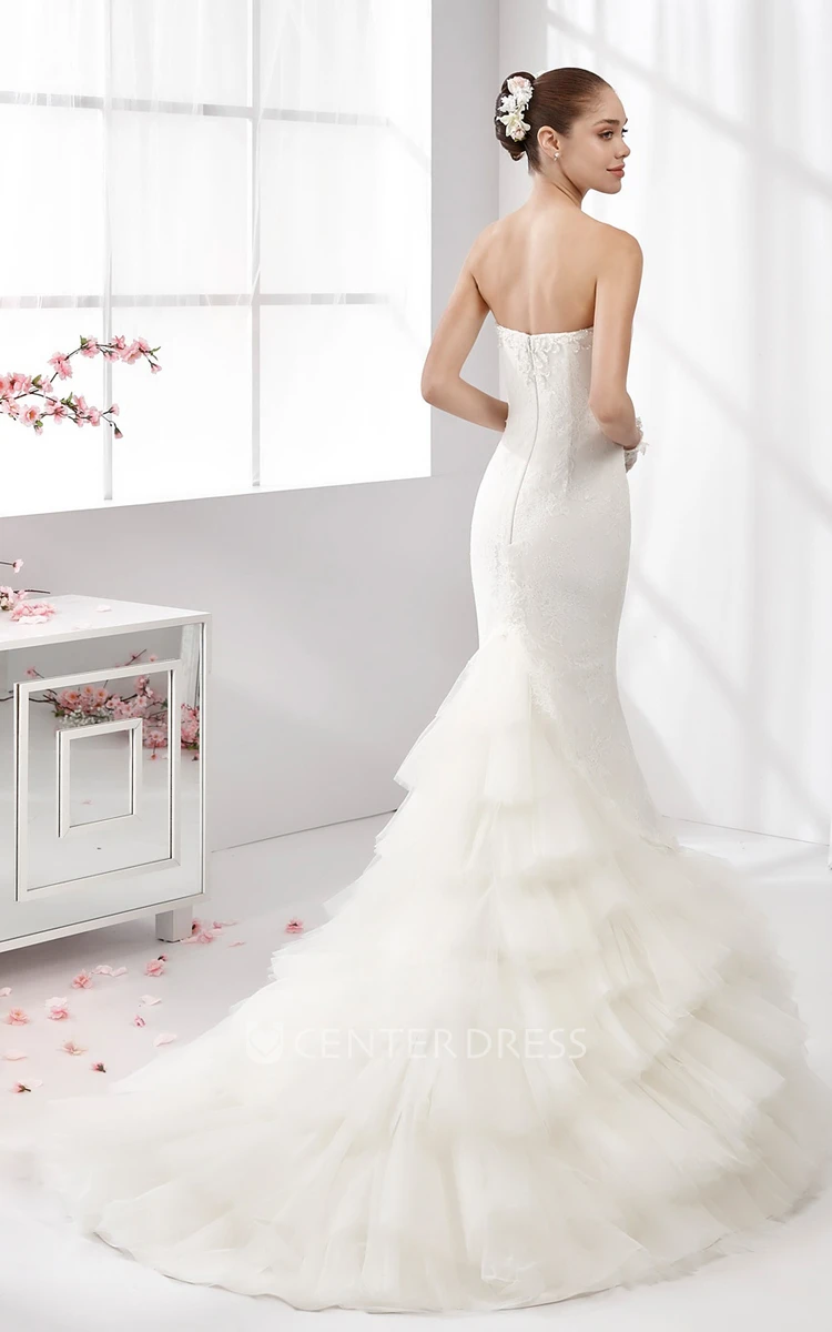 Sweetheart Sheath Lace Gown With Floral Bust And Tiers Train