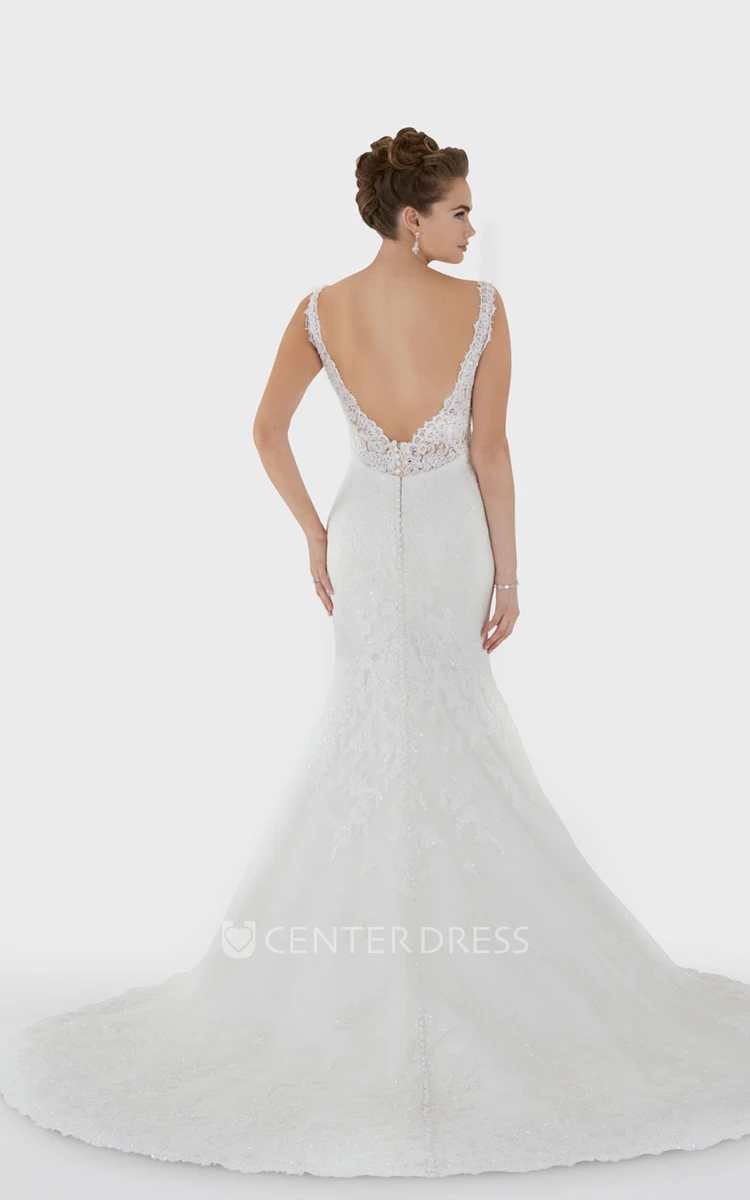 Trumpet V-Neck Floor-Length Sleeveless Appliqued Lace Wedding Dress With Court Train And Deep-V Back