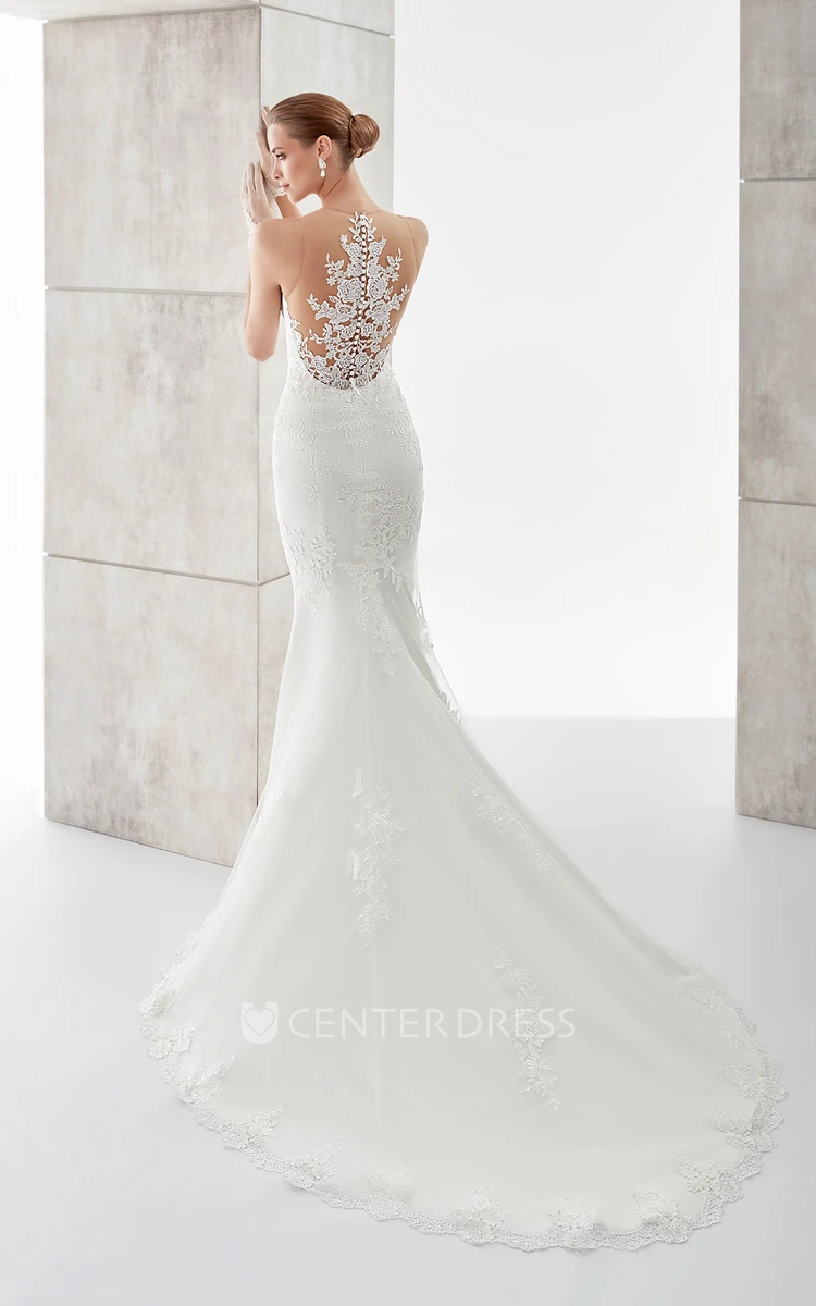 Sweetheart Sheath Lace Appliqued Wedding Dress with Illusive Floral Back and Court Train
