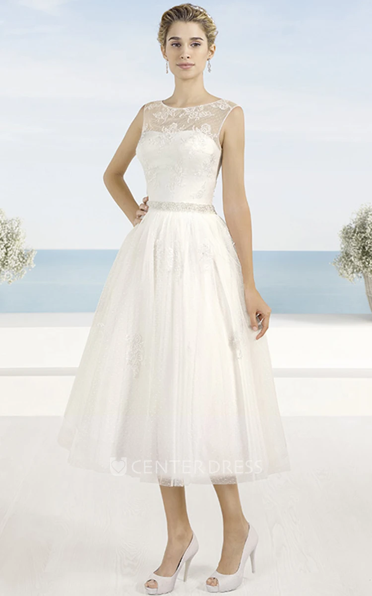A-Line Tea-Length Appliqued Scoop Neck Sleeveless Tulle Wedding Dress