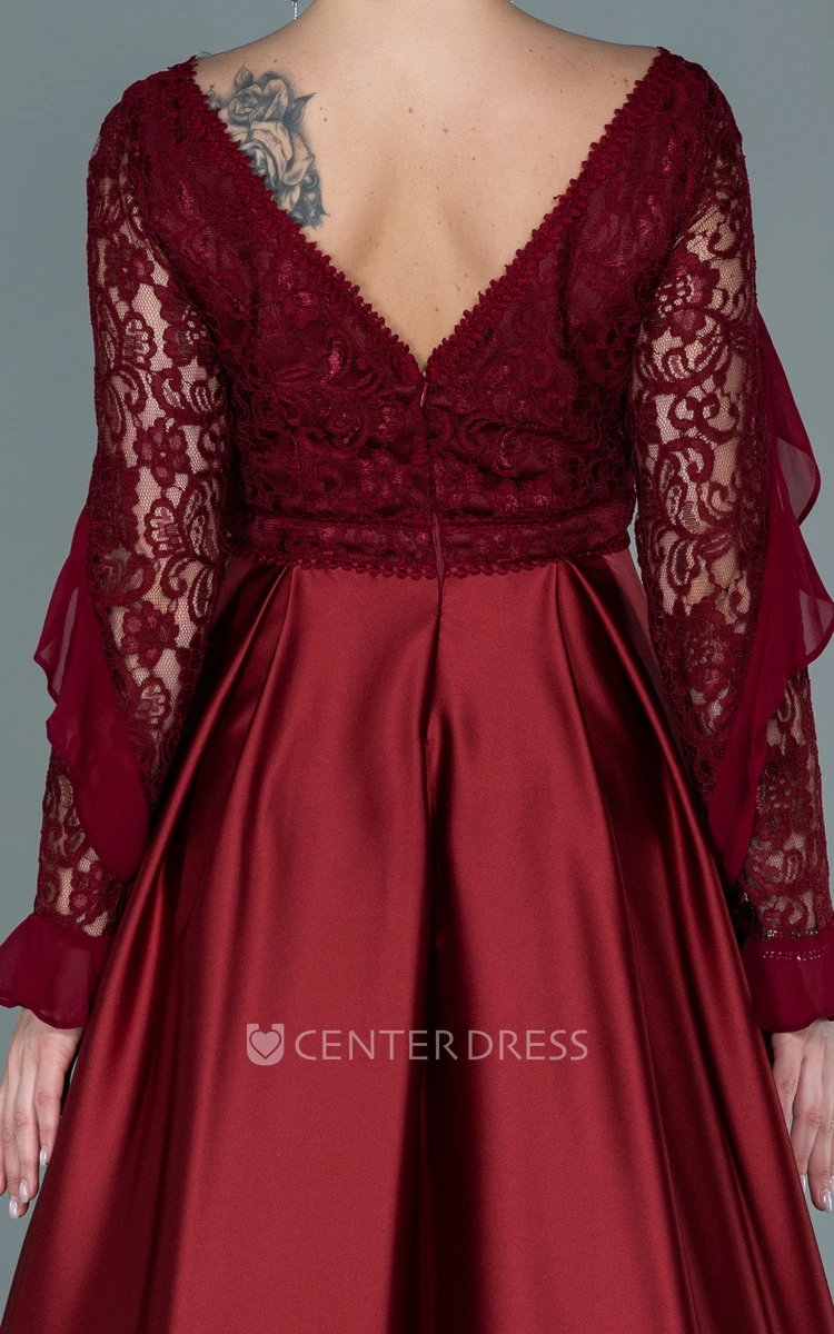 Casual A-Line V-neck Satin Lace Mother Dress With Long Sleeve And Pleats