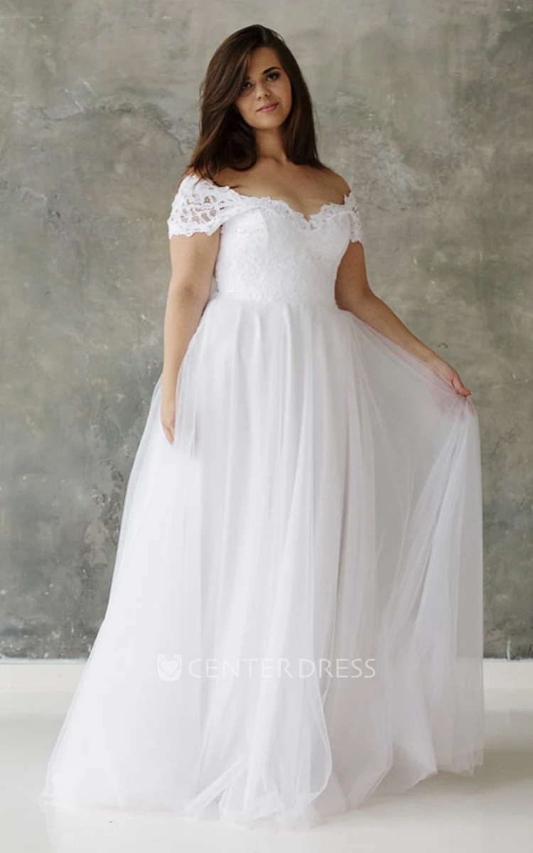 Plus Size A Line Lace and Tulle Off-the-shoulder Wedding Gown