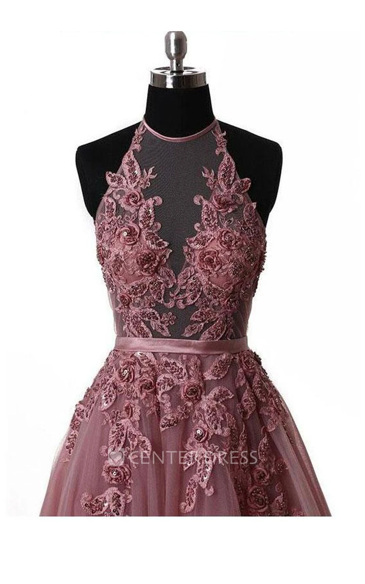 Sleeveless Sweep Brush Train A-Line High Neck Lace Tulle Dress