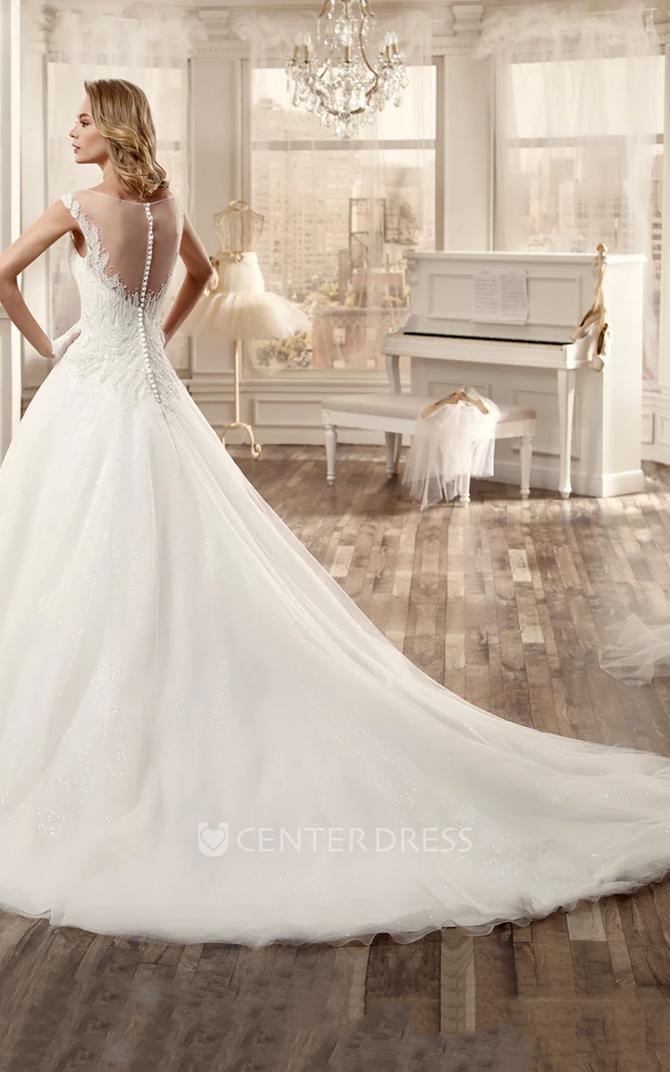 Sweetheart Cap-Sleeve A-Line Wedding Dress With Lace Appliques And Chapel Train