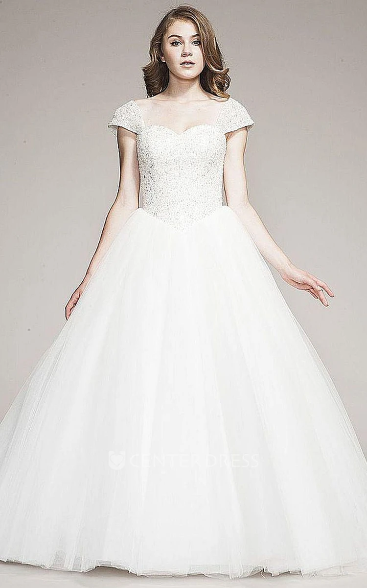 Ball Gown Cap-Sleeve Floor-Length Tulle Wedding Dress With Beading