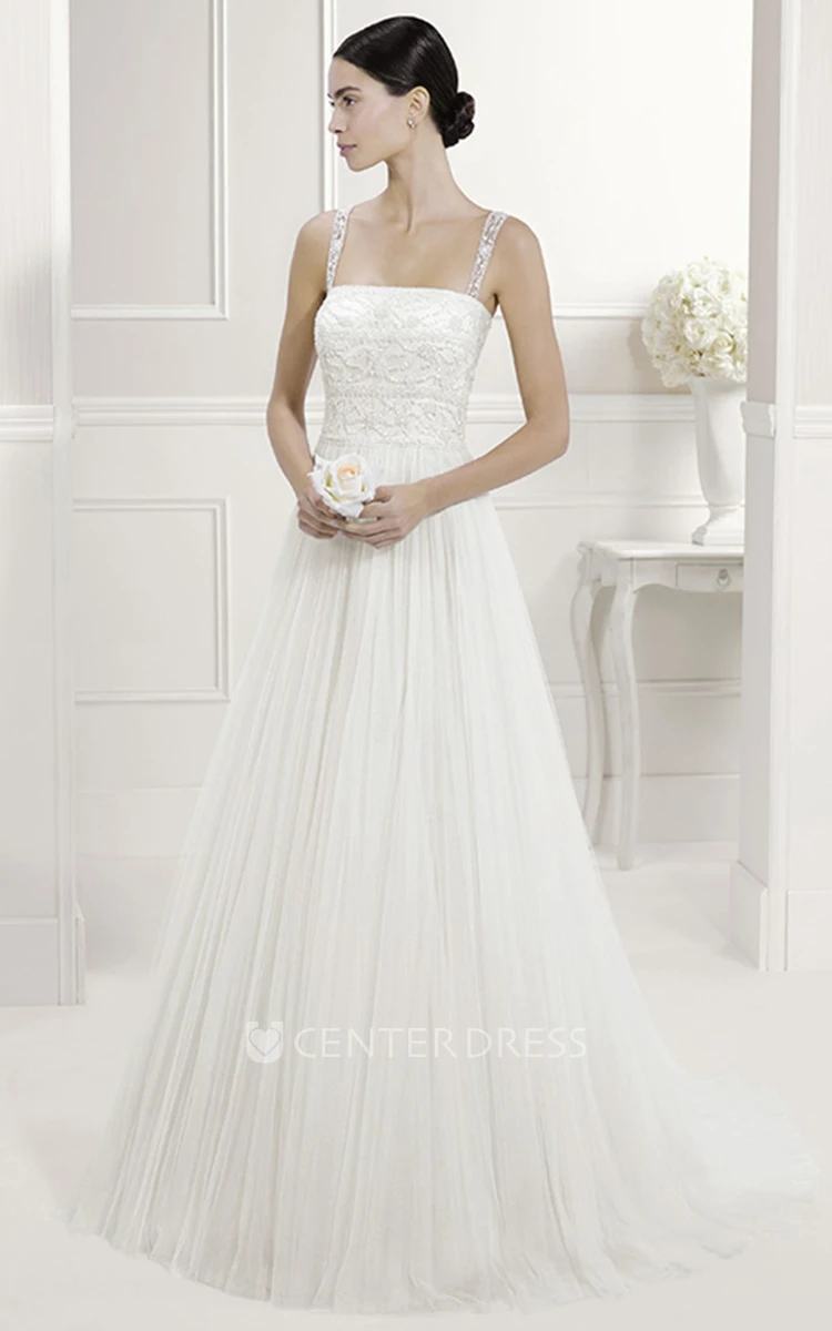 Illusion Lace Straps Square Neck A-Line Tulle Bridal Gown