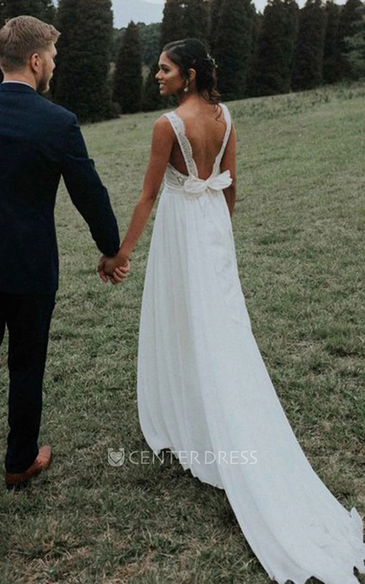 Sleeveless A-line Wedding Dress With Open Back And Bow