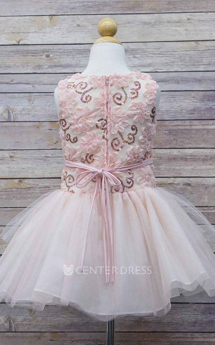Embroideried Midi Floral Tulle&Sequins Flower Girl Dress With Ribbon
