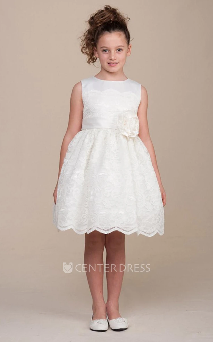 Tea-Length Pleated Floral Lace&Satin Flower Girl Dress With Ribbon