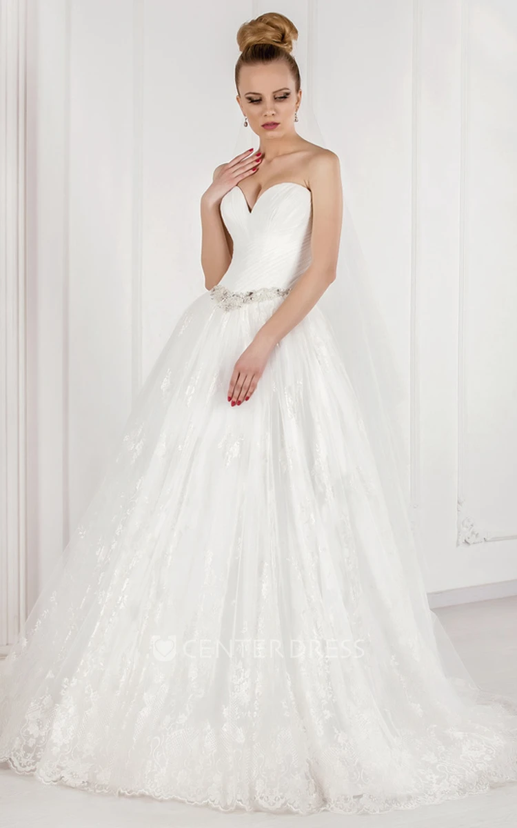 Ball Gown Sweetheart Jeweled Lace Wedding Dress With Ruching And Appliques