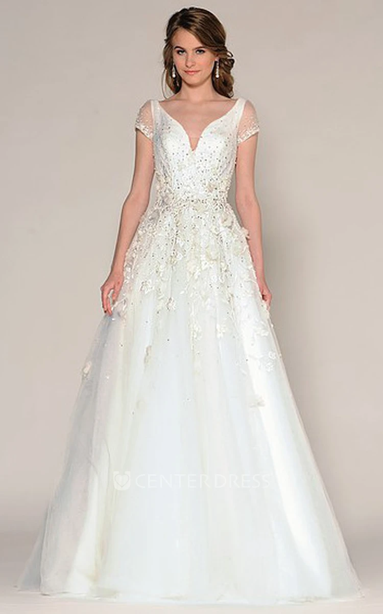 A-Line Short-Sleeve Beaded Floor-Length V-Neck Tulle Wedding Dress With Embroidery And Flower