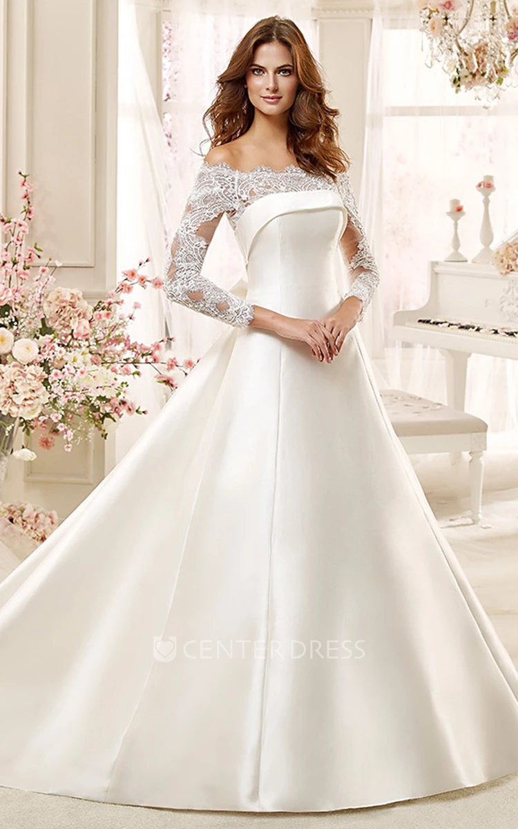 Satin wedding dress shop with lace sleeves