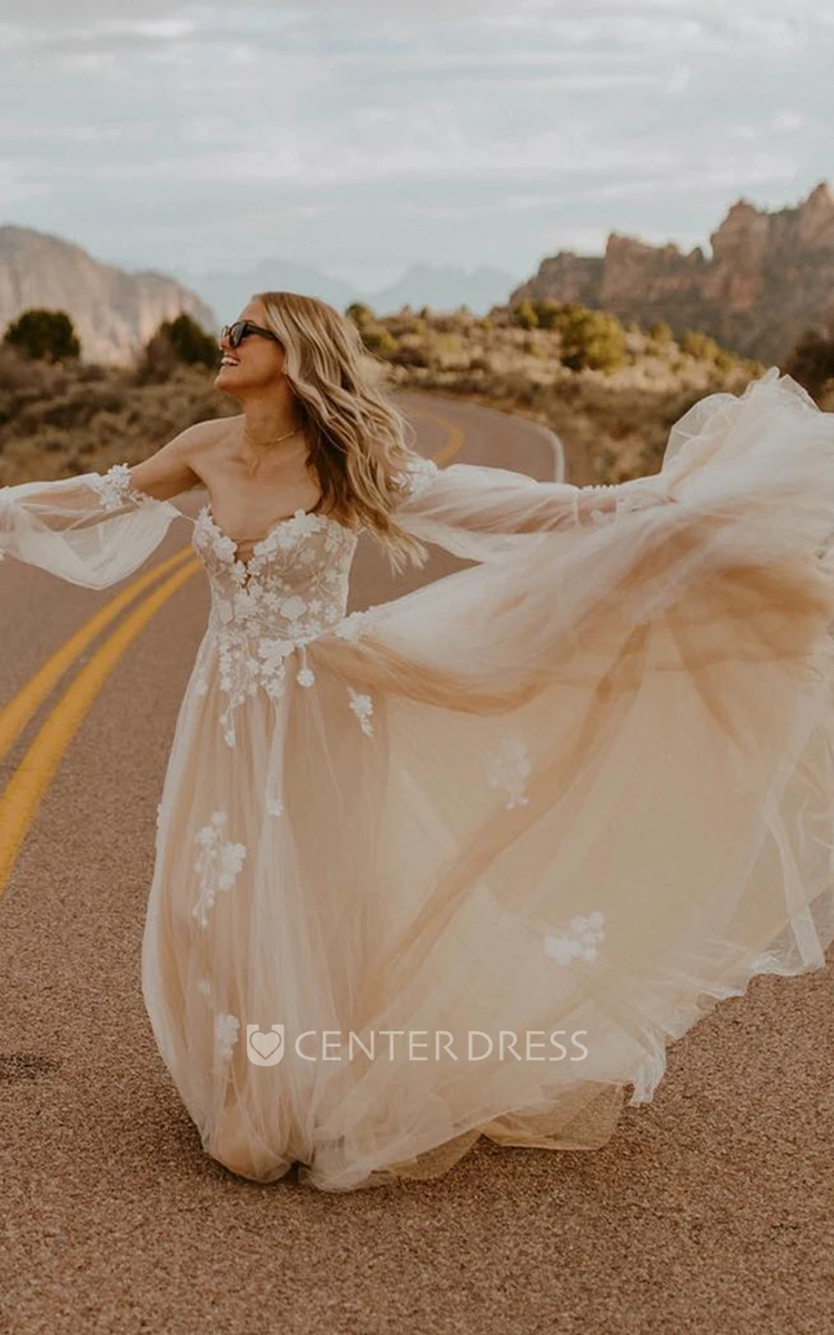 Sexy A Line Sweetheart Sweep Train Tulle Wedding Dress with Appliques